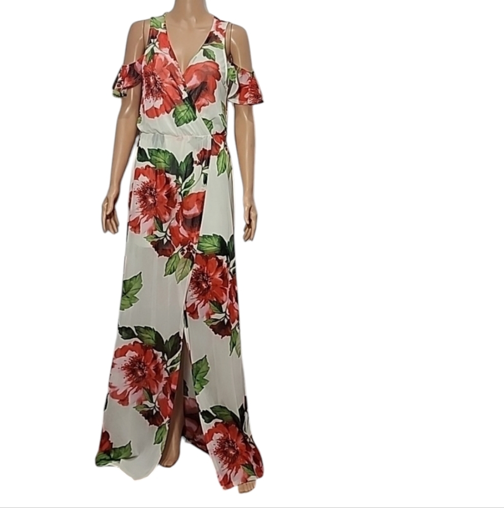 VTG  Gibiu Women Size L  Boho Floral Cold Shoulder Split Maxi Dress Red/White‎